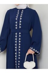 Kadın Nakışlı Abaya Ferace Elbise Lacivert - 40