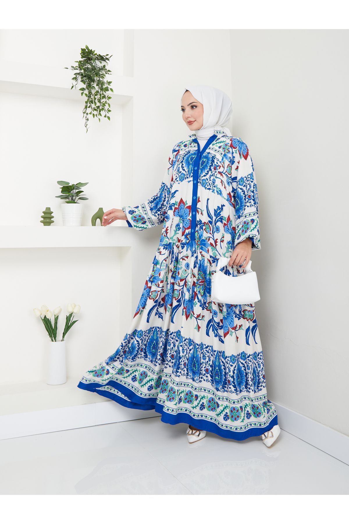Kadın Çok Renkli Etnik Desenli Elbise Mavi - L/XL