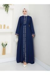 Kadın Nakışlı Abaya Ferace Elbise Lacivert - 48