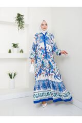 Kadın Çok Renkli Etnik Desenli Elbise Mavi - S/M