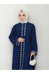 Kadın Nakışlı Abaya Ferace Elbise Lacivert - 42