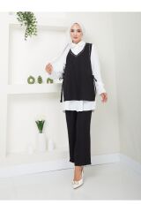 Kadın Keten Kumaş Yandan Bağlamalı Gömlekli Taş İşlemeli 3lü Takım Siyah - 2XL