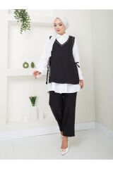 Kadın Keten Kumaş Yandan Bağlamalı Gömlekli Taş İşlemeli 3lü Takım Siyah - 2XL