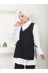 Kadın Keten Kumaş Yandan Bağlamalı Gömlekli Taş İşlemeli 3lü Takım Siyah - 2XL