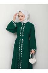 Kadın Nakışlı Abaya Ferace Elbise Yeşil - 46