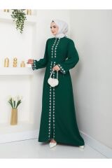 Kadın Nakışlı Abaya Ferace Elbise Yeşil - 46