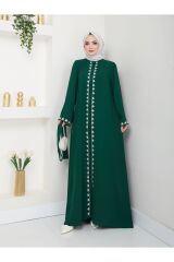 Kadın Nakışlı Abaya Ferace Elbise Yeşil - 46