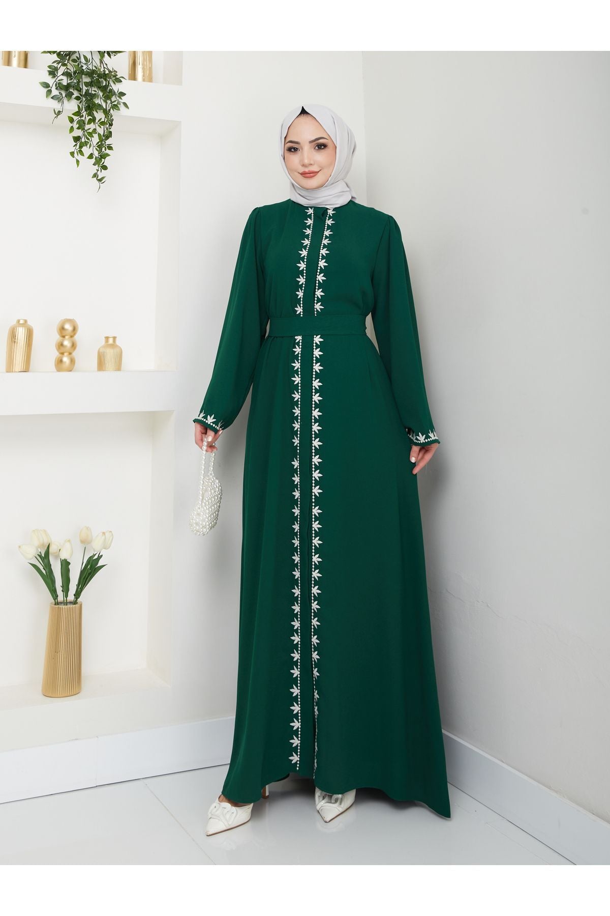 Kadın Nakışlı Abaya Ferace Elbise Yeşil - 38