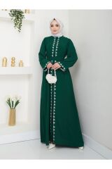 Kadın Nakışlı Abaya Ferace Elbise Yeşil - 38
