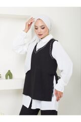 Kadın Keten Kumaş Yandan Bağlamalı Gömlekli Taş İşlemeli 3lü Takım Siyah - M