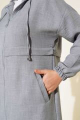Araboy Kapşonlu Fermuarlı Keten Kap Gri - L/XL