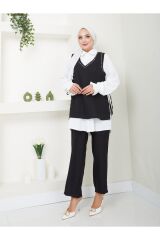 Kadın Keten Kumaş Yandan Bağlamalı Gömlekli Taş İşlemeli 3lü Takım Siyah - XL