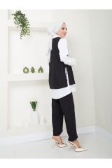 Kadın Keten Kumaş Yandan Bağlamalı Gömlekli Taş İşlemeli 3lü Takım Siyah - XL