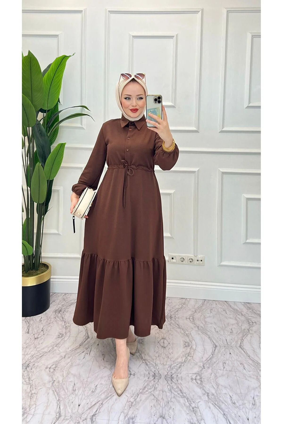 Kadın Bel Tünel Detaylı Elbise Kahverengi - 40