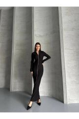 Kadın Boydan Fermuarlı Maxi Boy Elbise Siyah - XL