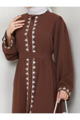 Kadın Nakışlı Abaya Ferace Elbise Kahverengi - 46