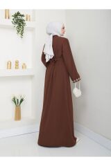 Kadın Nakışlı Abaya Ferace Elbise Kahverengi - 46