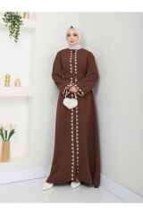 Kadın Nakışlı Abaya Ferace Elbise Kahverengi - 46