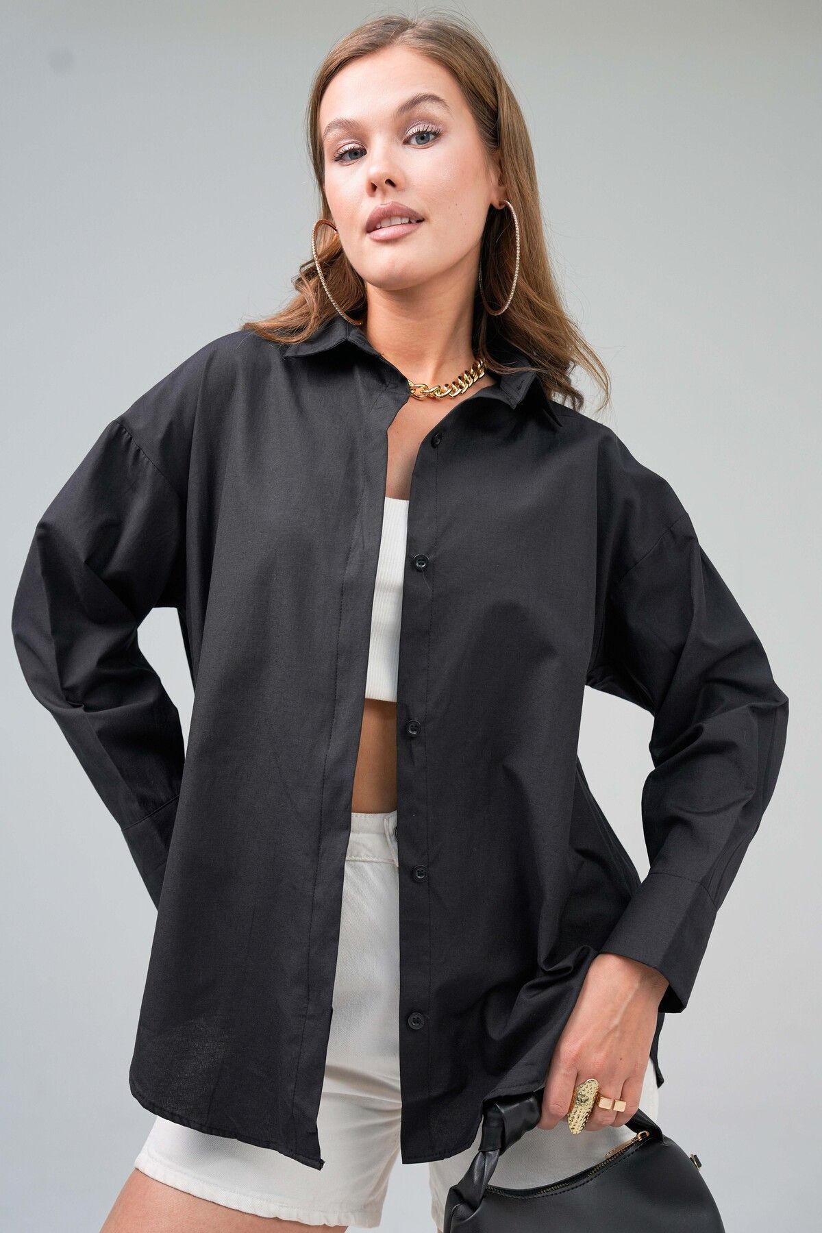 Kadın Basic Oversize Gömlek Siyah - L
