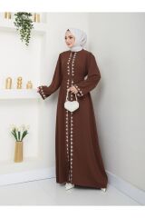 Kadın Nakışlı Abaya Ferace Elbise Kahverengi - 48
