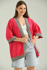 Kadın Kısa Kol Nakış Işlemeli Keten Kimono