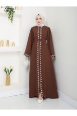 Kadın Nakışlı Abaya Ferace Elbise Kahverengi - 42