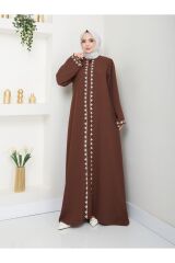Kadın Nakışlı Abaya Ferace Elbise Kahverengi - 42