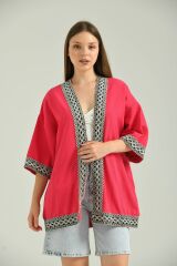 Kadın Kısa Kol Nakış Işlemeli Keten Kimono Fuşya - L