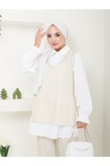 Kadın Keten Kumaş Yandan Bağlamalı Gömlekli Taş İşlemeli 3lü Takım Bej - 2XL