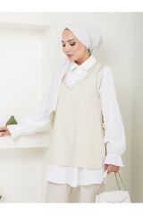 Kadın Keten Kumaş Yandan Bağlamalı Gömlekli Taş İşlemeli 3lü Takım Bej - 2XL