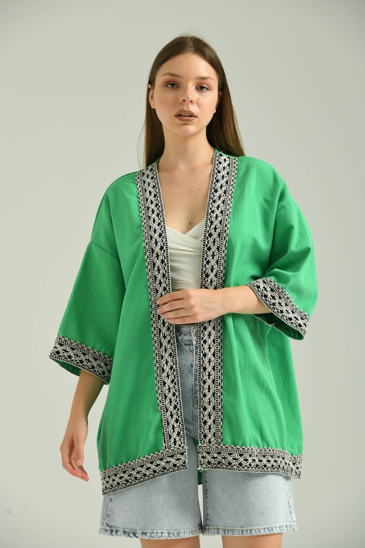 Kadın Kısa Kol Nakış Işlemeli Keten Kimono Yeşil - L