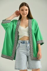 Kadın Kısa Kol Nakış Işlemeli Keten Kimono Yeşil - L