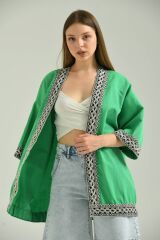 Kadın Kısa Kol Nakış Işlemeli Keten Kimono Yeşil - L