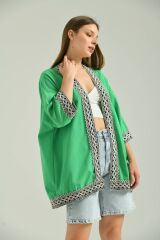 Kadın Kısa Kol Nakış Işlemeli Keten Kimono Yeşil - L
