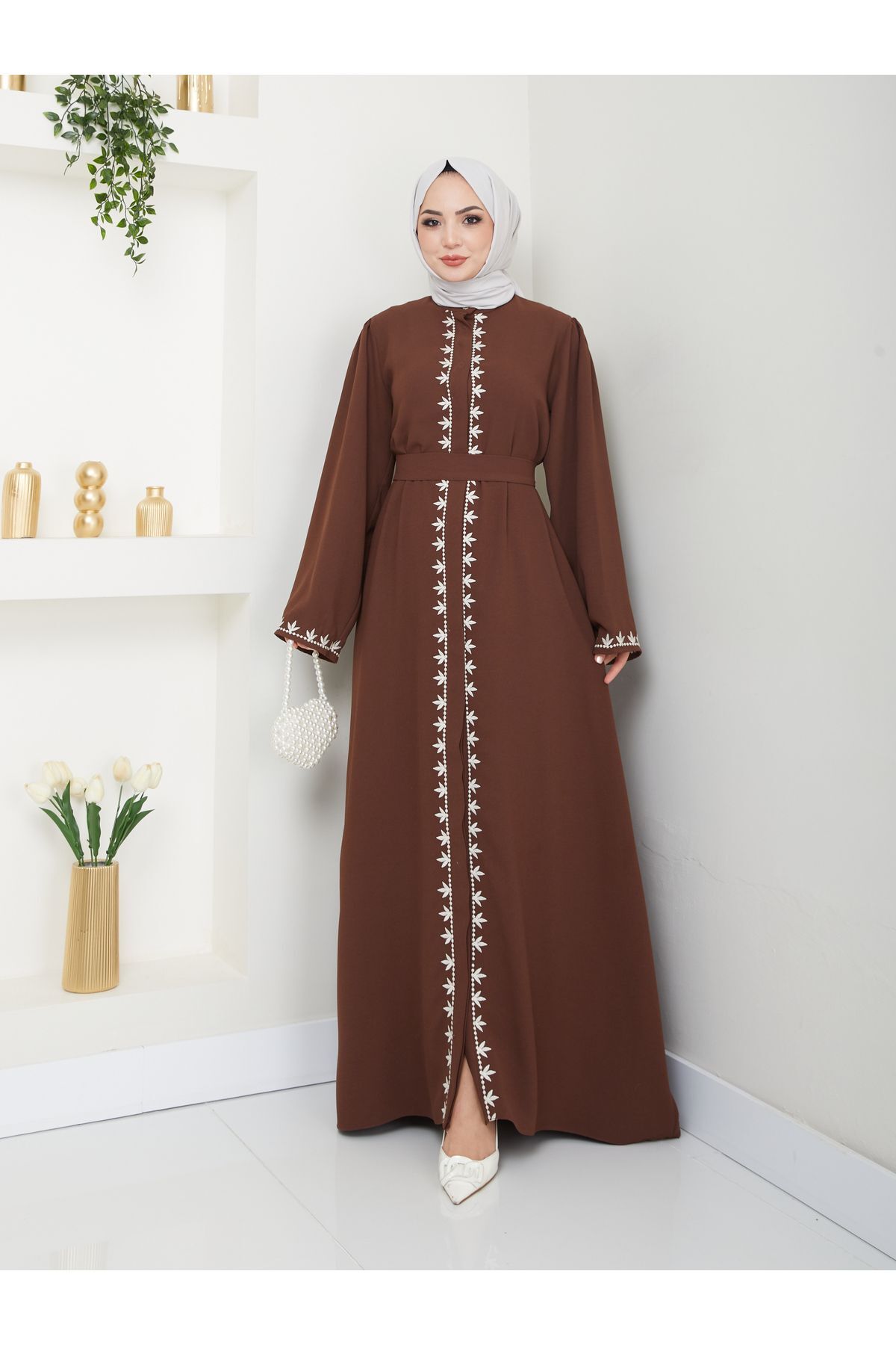 Kadın Nakışlı Abaya Ferace Elbise Kahverengi - 40
