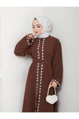 Kadın Nakışlı Abaya Ferace Elbise Kahverengi - 40