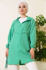 Araboy Kapşonlu Fermuarlı Keten Kap Yeşil - L/XL