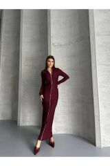 Kadın Boydan Fermuarlı Maxi Boy Elbise Bordo - L