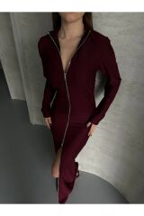 Kadın Boydan Fermuarlı Maxi Boy Elbise Bordo - L