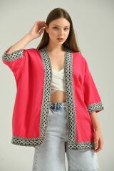 Kadın Kısa Kol Nakış Işlemeli Keten Kimono Fuşya - M