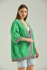 Kadın Kısa Kol Nakış Işlemeli Keten Kimono Yeşil - S