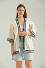 Kadın Kısa Kol Nakış Işlemeli Keten Kimono Bej - S