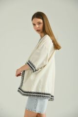 Kadın Kısa Kol Nakış Işlemeli Keten Kimono Bej - S