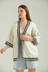 Kadın Kısa Kol Nakış Işlemeli Keten Kimono Bej - S
