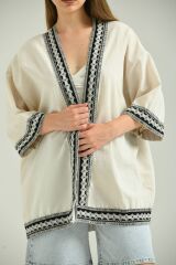 Kadın Kısa Kol Nakış Işlemeli Keten Kimono Bej - S