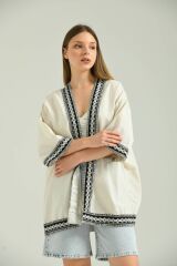 Kadın Kısa Kol Nakış Işlemeli Keten Kimono Bej - S