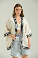 Kadın Kısa Kol Nakış Işlemeli Keten Kimono Bej - S