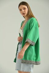 Kadın Kısa Kol Nakış Işlemeli Keten Kimono Yeşil - M