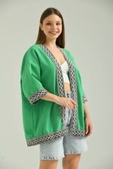 Kadın Kısa Kol Nakış Işlemeli Keten Kimono Yeşil - M