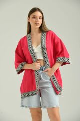 Kadın Kısa Kol Nakış Işlemeli Keten Kimono Fuşya - S